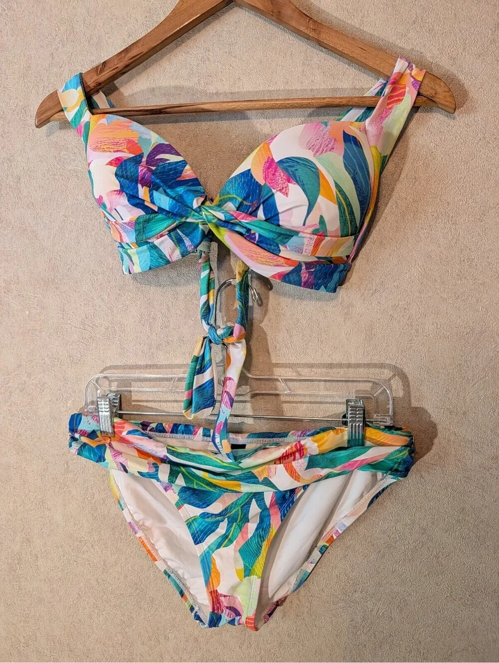 LA BLANCA blue pink white leaf pattern bikini set sz S